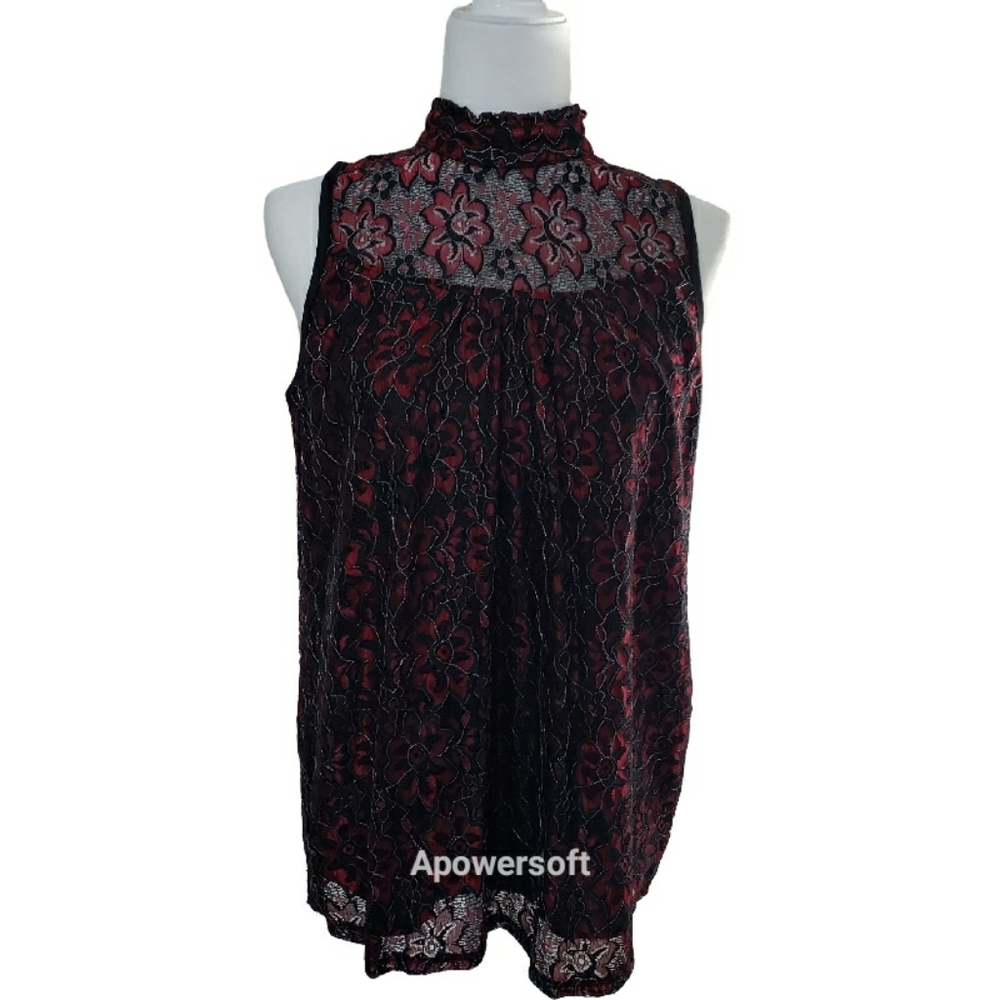 NWOT Shannon Ford New York Maroon Floral Lace Illusion High Neckline Top